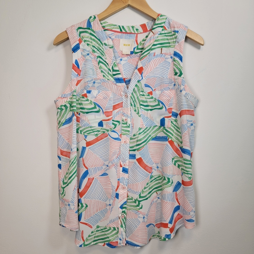 Meave Sleeveless V Neck Blouse Sz 8 Coastal Preppy Office Colorful Resortwear